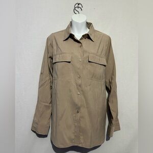 Max Studio Women’s Button-Down Utility Shirt – Size M, Taupe